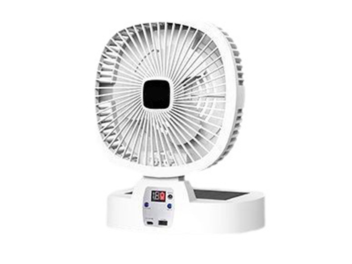 Ventilador solar recargable para camping con luz LED y control remoto.