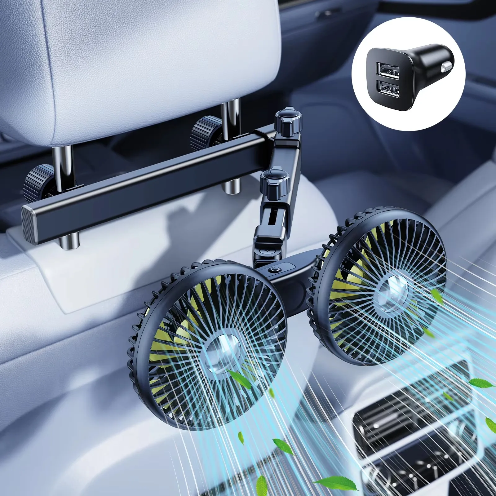 Soporte Para Ventilador De Coche De Doble Cabezal Con Función De Carga Usb Y Brazo Largo Ajustable.