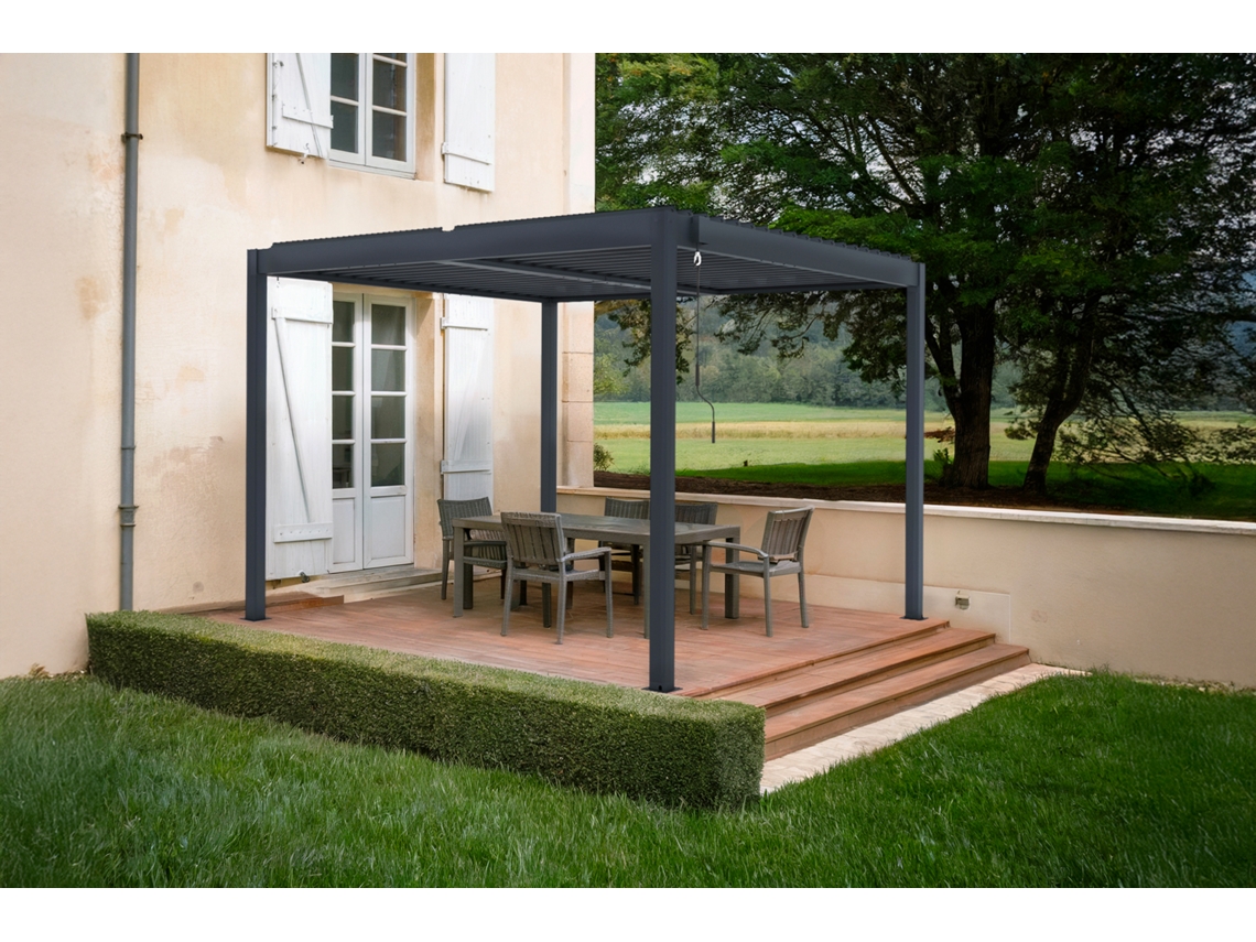 Pérgola bioclimática de aluminio 3x3m - lamas orientables - Gris antracita, Independiente en el jardín o terraza PIANA