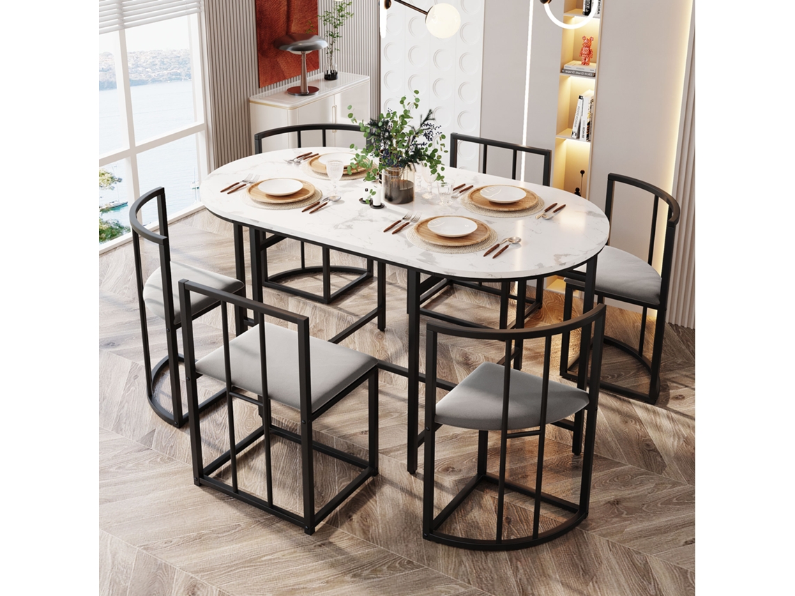 Conjunto de Mesa y 6 Sillas Sillas con Cojín en Asiento y Respaldo Estilo Negro