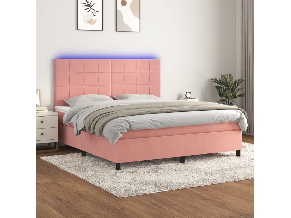 Cama Box Spring Colchón Y Led Terciopelo Rosa 180x200 Cm