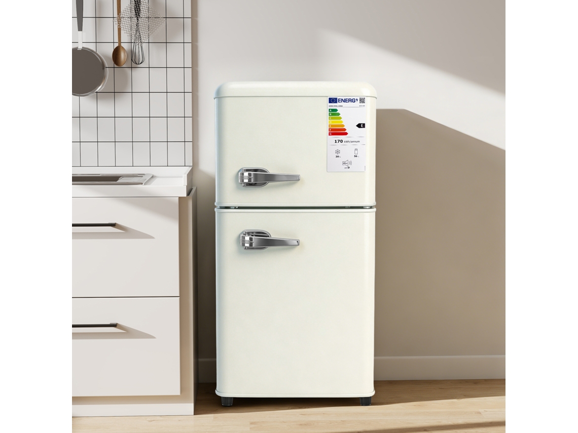 Nevera de Doble Puerta 86L, 7 Niveles de Temperatura, Clase E, Luz LED, Estantes Regulables, Bandeja para Huevos, Crema