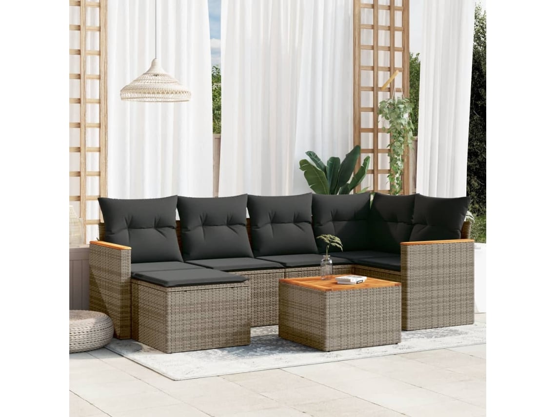Conjunto de sofá de jardín de 7 piezas con cojines, mimbre gris, DKD Home Decor