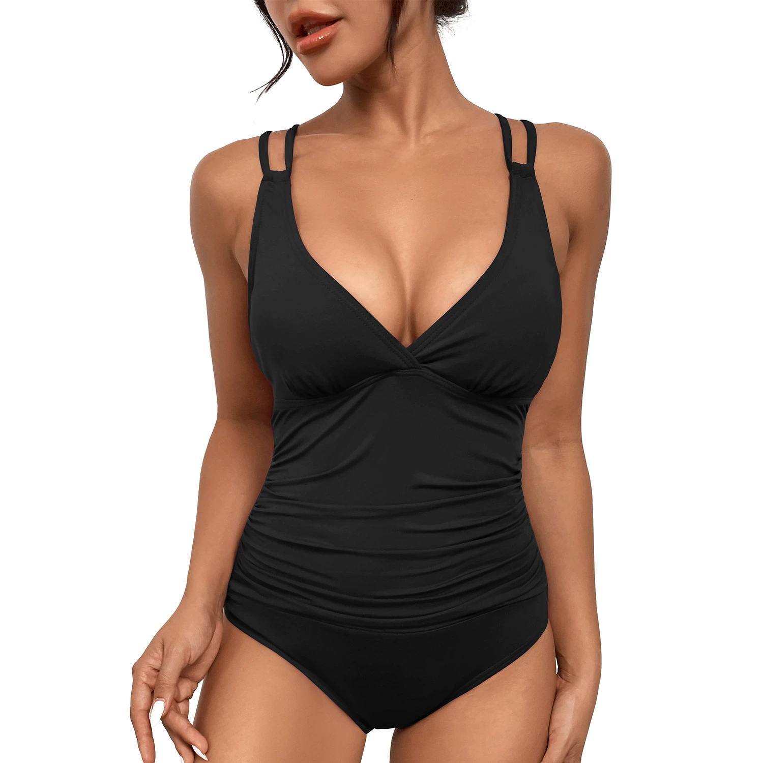 FNINIJEDE Maiô Feminino De Uma Peça, Maiô Com Controle De Barriga E Costas Cruzadas Ajustáveis, Monoquíni Sexy Com Decote Em V Franzido, Sutiãs Acolchoados Remo