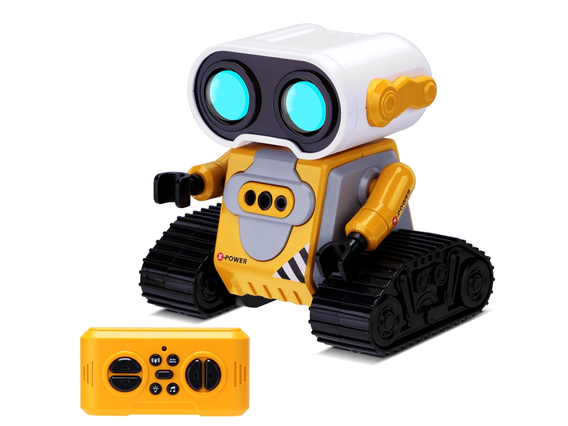Muñeco robot, robot con control remoto y sensor de movimiento de 2,4 GHz, recargable, regalo de cumpleaños para niños y niñas (amarillo y gris)