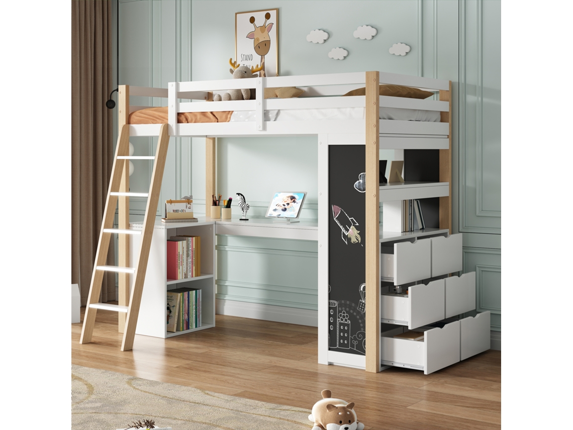 Cama Alta Infantil De 90x200, Escritorio, Armario Con Cajones, Marco De Fotos De Madera Blanca.
