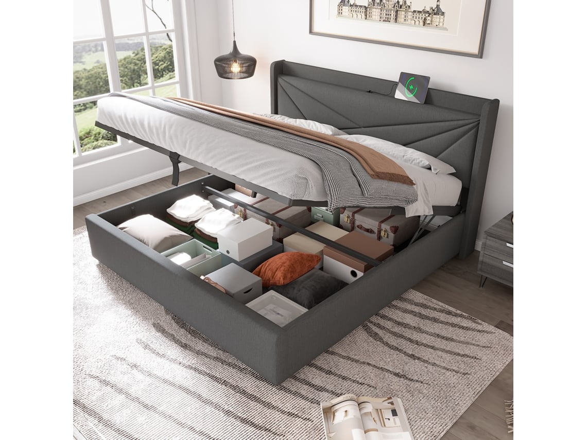 Cama Doble De 140x200 Cm, De Lino, Con Usb-c Y Laterales Con Almacenamiento. Base De Láminas Metálicas. Colchón No Incluido.