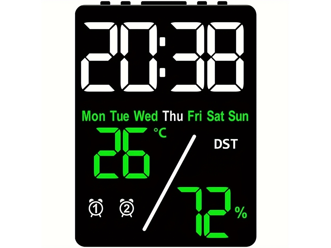 Despertador electrónico multifuncional con temperatura interior, reloj digital LED con función de monitorización climática, verde