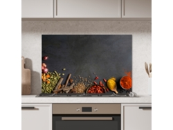 Panel Antisalpicaduras Cocina Hierbas - Alimentos - Especias - Negro - Pimentón - Canela 80x55 Cm