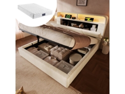 Cama Tapizada 160x200 Cm - Cabecero Con Almacenamiento Ajustable, Led, Usb/type-c, Beige
