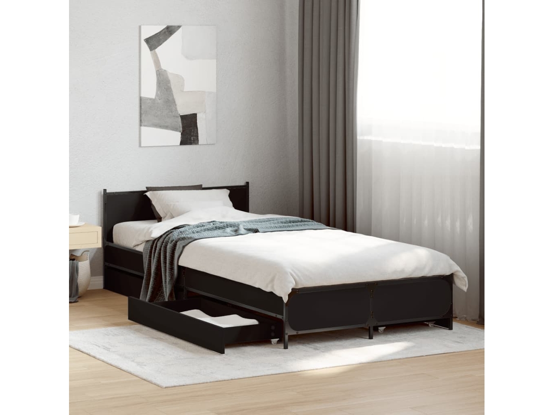 Cama Con Cajones Madera De Ingeniería Negra 90x200 Cm