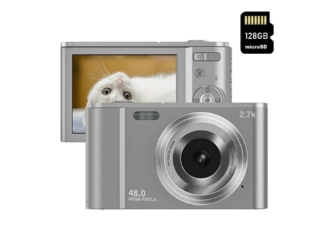 Cámara fotos digital EZII DC302 2.7K 48MP ZOOM 16X Pantalla de 2,8 pulgadas 128GB Regalos para niños estudiantes Plata