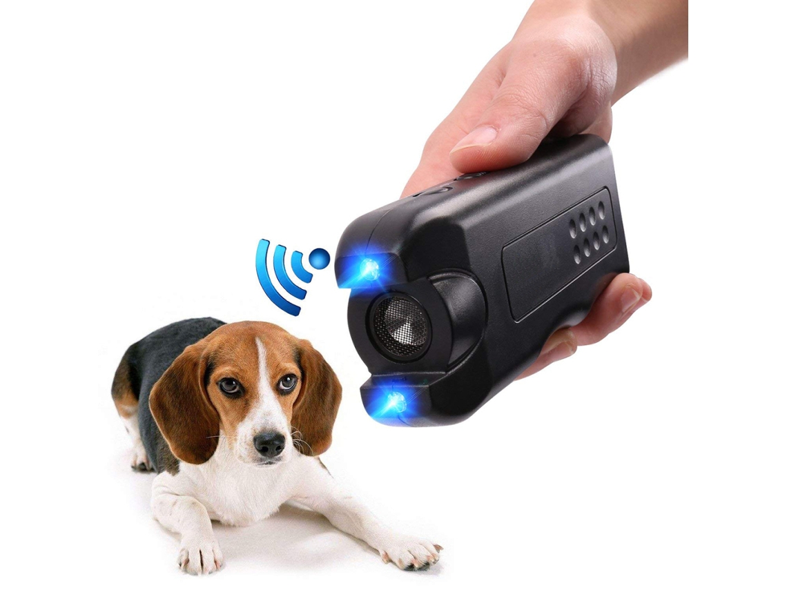 Repelente portátil para perros, entrenador ultrasónico para perros con linterna LED brillante, resistente al agua (batería incluida, negro)