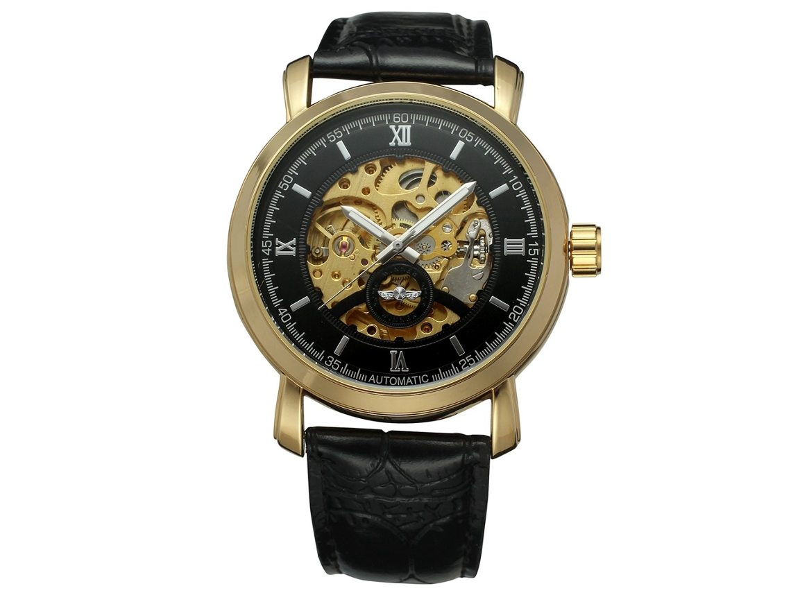 Elegante Reloj De Pulsera Mecánico Automático Para Hombre, Estilo Ejecutivo, Resistente Al Agua, Negro Y Dorado.