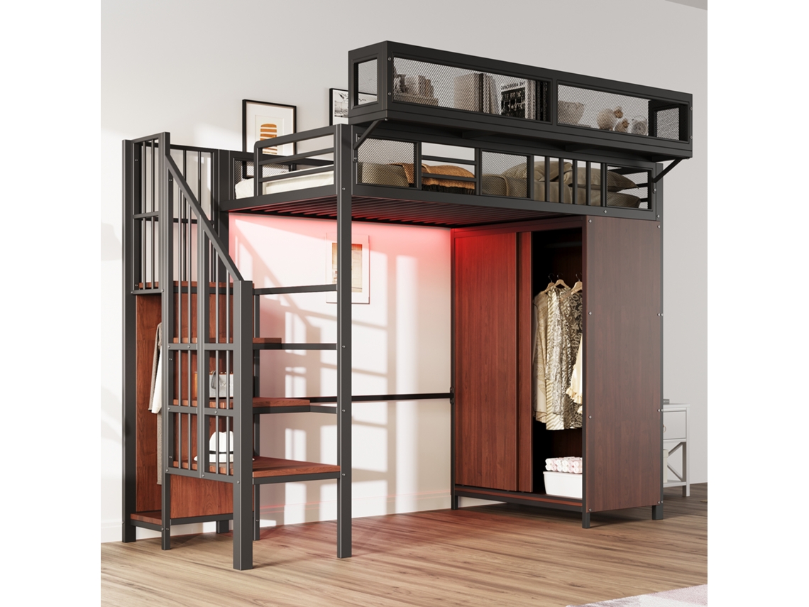 Cama Alta De Metal 90x200 Armario Led Seguridad Negro