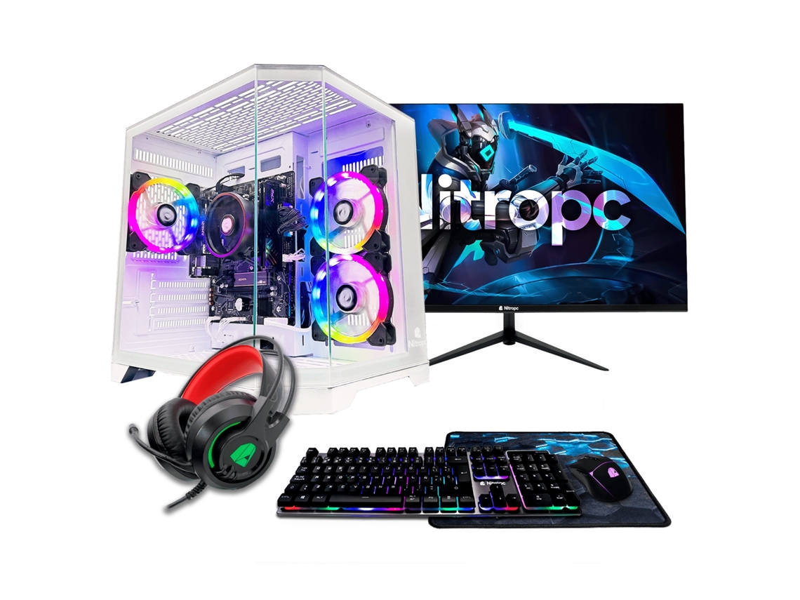 Pack Desktop Gaming NITROPC Bronce Blanco (AMD Ryzen 5 5655G – Radeon Graphics – RAM: 16 GB DDR4 – SSD de 512 GB – Windows 11 Pro) + Monitor (24" – FHD – 165 Hz – IPS) + Accesorios