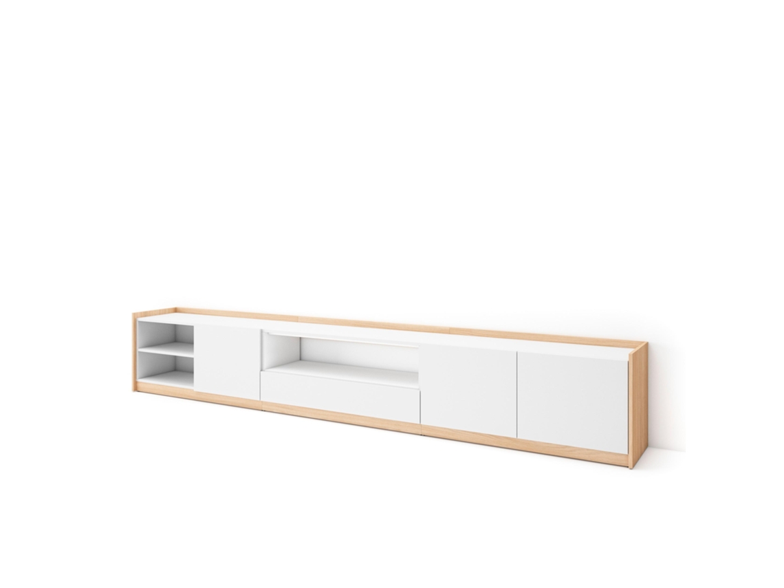 Mueble para TV, 310x37x50cm, para televisores de hasta 80'', color blanco y roble claro.