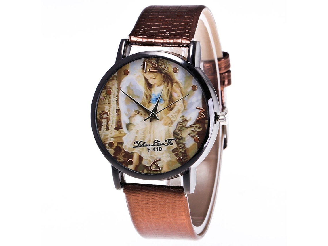 Reloj De Cuarzo Para Mujeres Con Correa De Cuero Pu, Dial Redondo Y Patrón De Ángel (café)