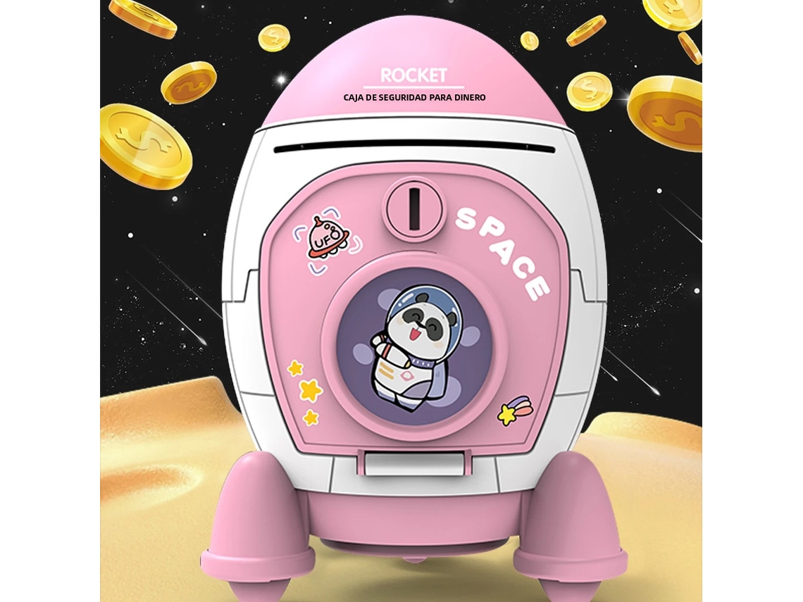 Hucha de juguete con forma de cohete espacial con gran capacidad y apertura con llave - Mdug (rosa)