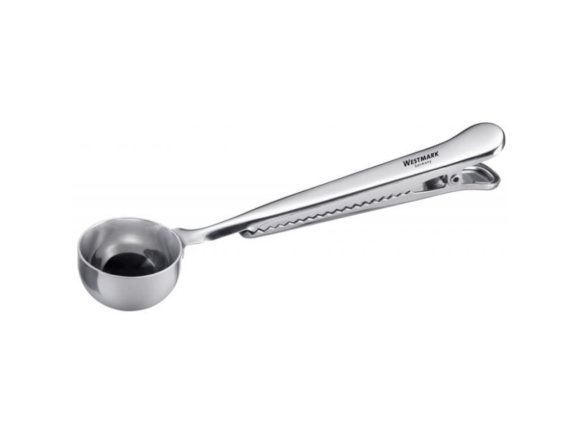 Cuchara medidora de café Westmark de 17,5 cm con cierre de acero inoxidable y pinza para utensilios inteligentes