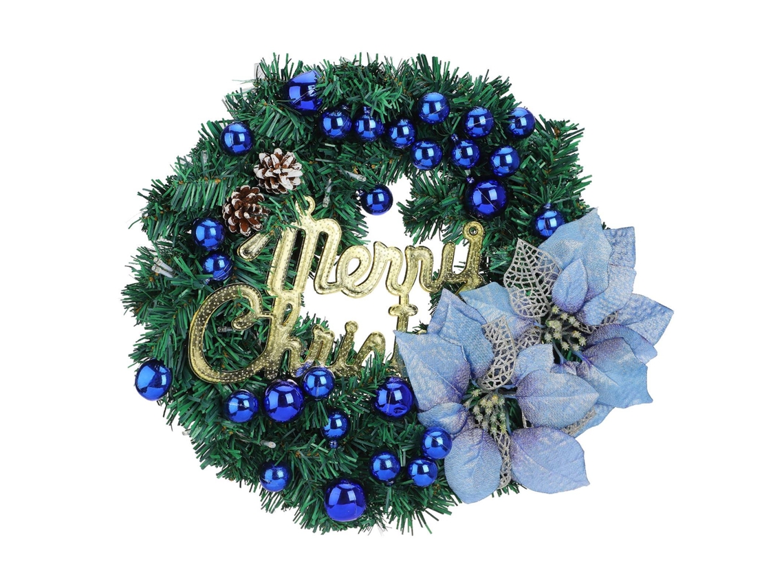 Corona navideña con luces azules, 40 cm, funciona con pilas.
