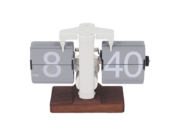 Reloj de sobremesa mecánico automático Baok de 12 horas, funciona con pilas, tiene base de madera, marco blanco y páginas grises, ideal para salón u oficina.