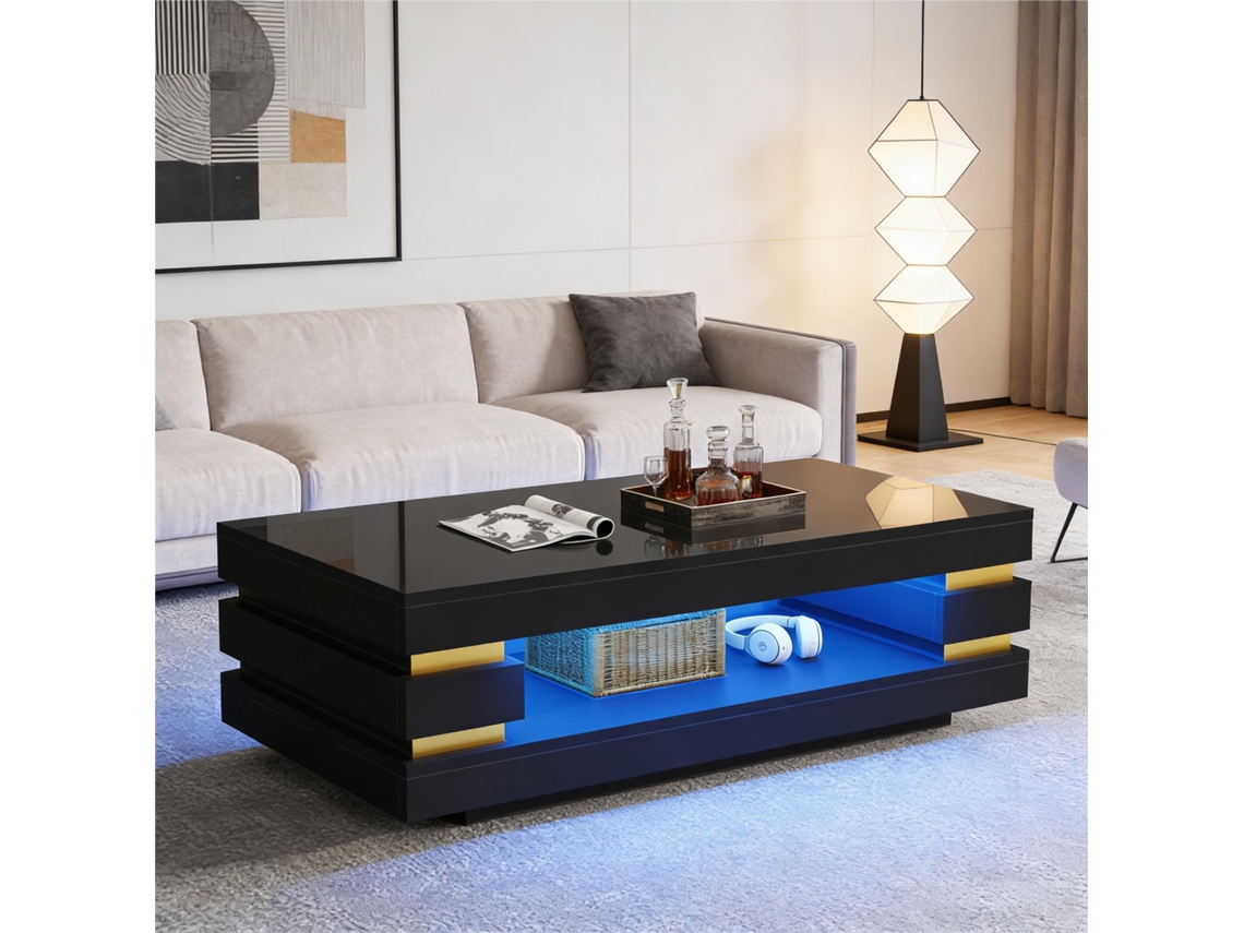 Mesa De Centro De 100x50x35 Cm Con Iluminación Led Calada, Tablero De Partículas Negro.