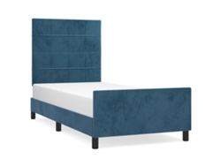 Cama de terciopelo azul oscuro con plataforma y cabecero (90x200 cm)