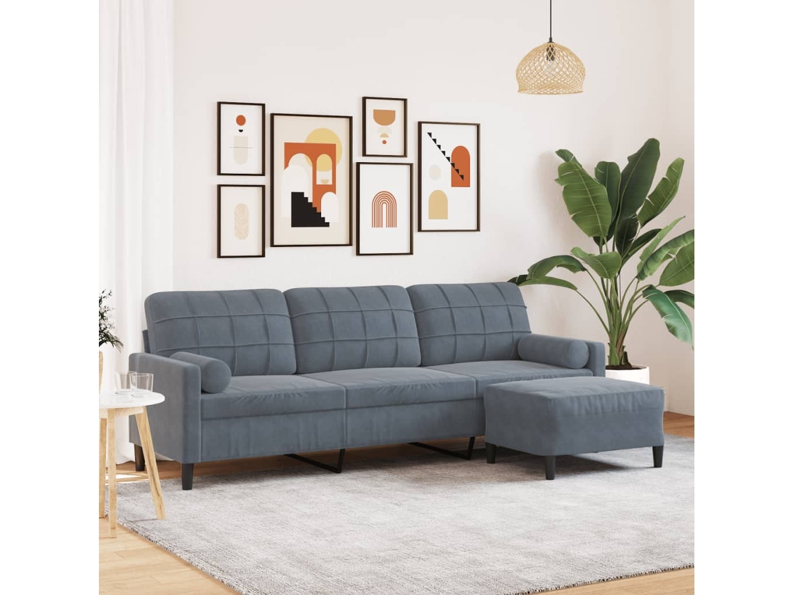 Sofá De 3 Plazas Con Taburete De Terciopelo Gris Oscuro 210 Cm