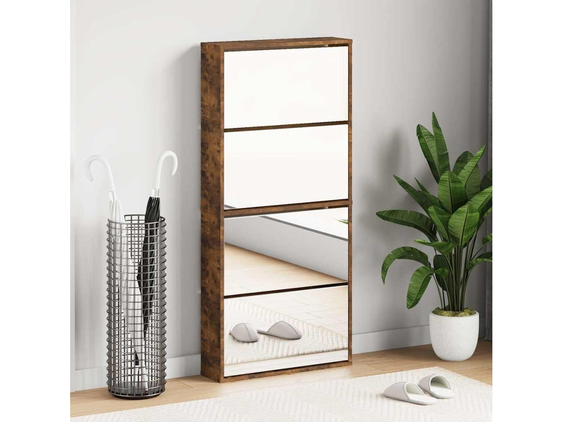 Mueble Zapatero | Armario Zapatero Con Espejo 4 Niveles Roble Ahumado 63x17x134 Cm