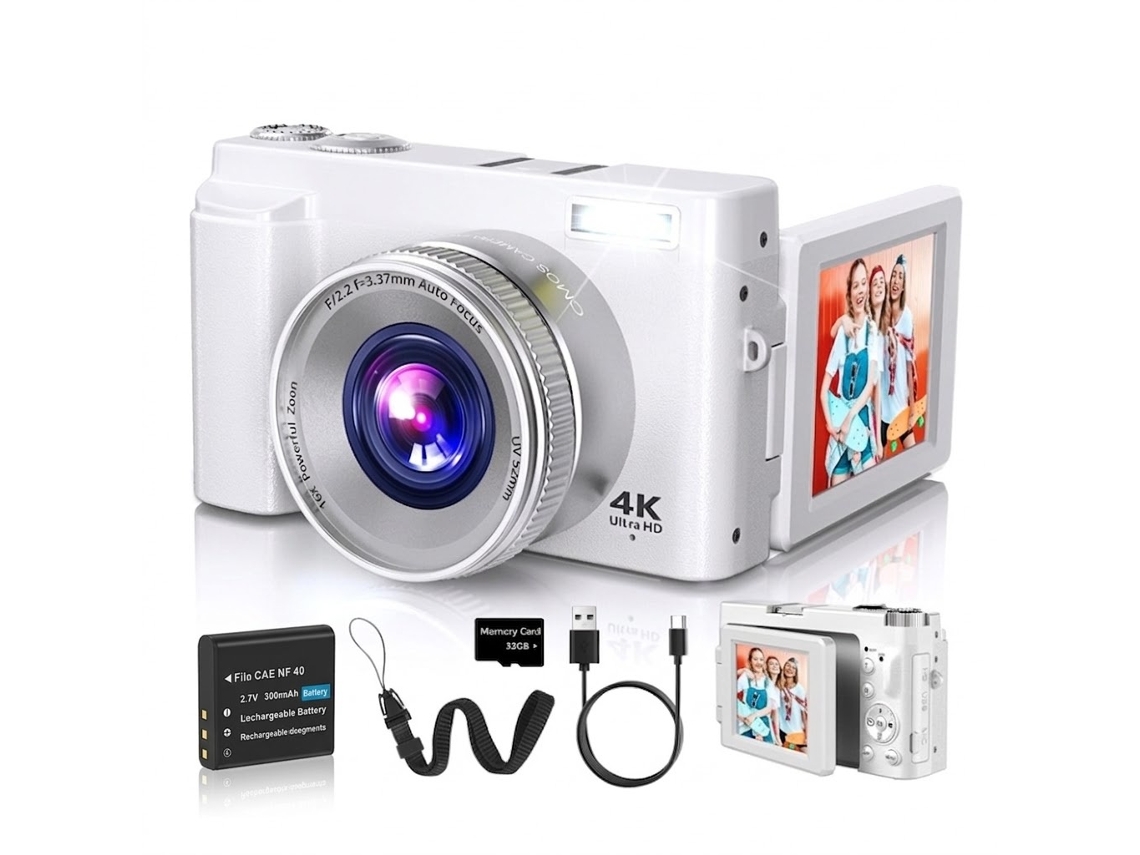 Cámara Vlogging 4k Pantalla Abatible 180º 48mp Selfie Wifi Regalo Para Niños Niñas Estudiantes (blanco)