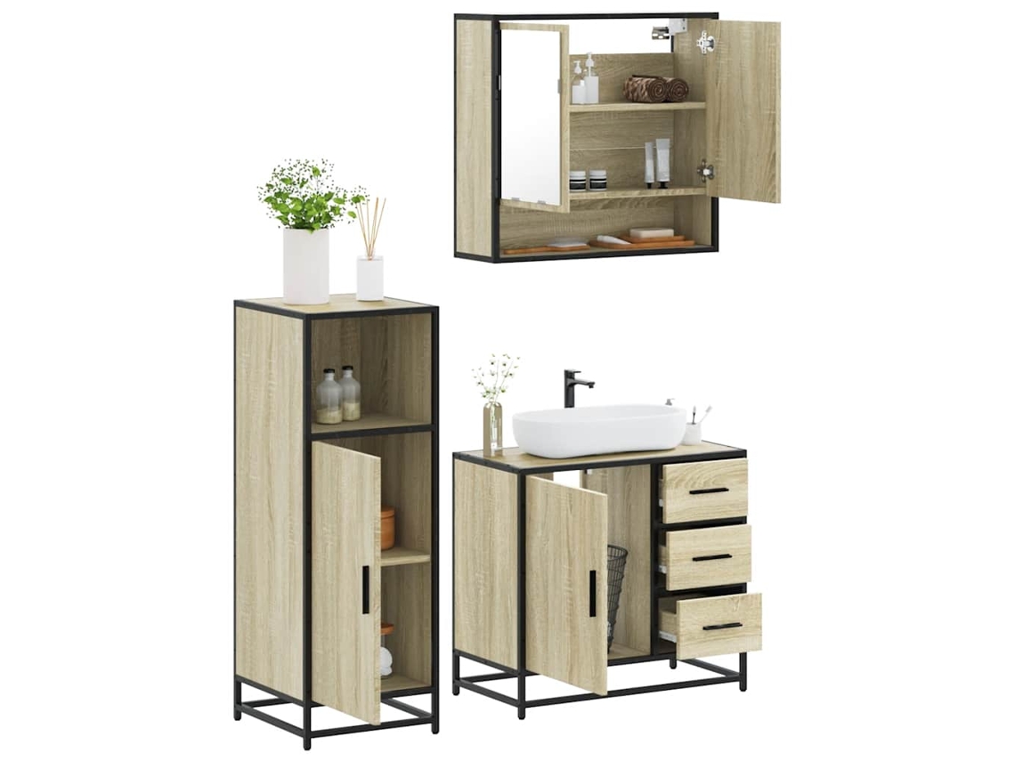 Juego de muebles de baño de 3 piezas, madera de roble, Sonoma