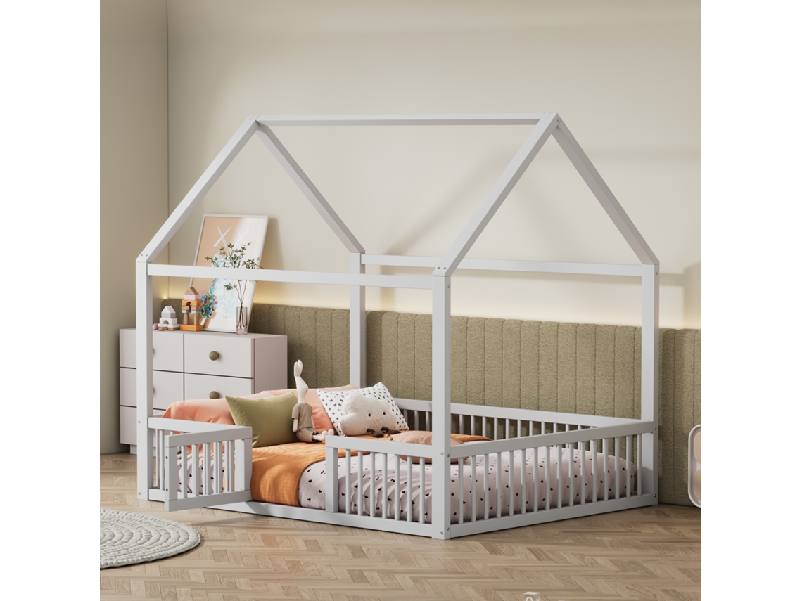 Cama De Matrimonio De Madera Maciza, 140x200 Cm, Diseño Para El Hogar, Puerta Integrada, Color Blanco.