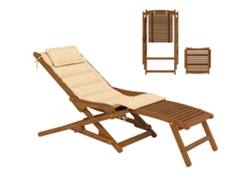 Tumbona Plegable De Madera-reposapiés Desmontable Y Cojín- Reposacabezas,carga 160 Kg, 158 X 61 X 70 Cm, Color Beige.