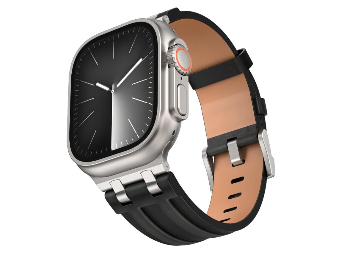 Bracelete Para Apple Watch 46/49/45/44mm - Couro Vegano Crazy Horse Com Fivela Em Aço Inoxidável Prateado Crazy Horse Preta
