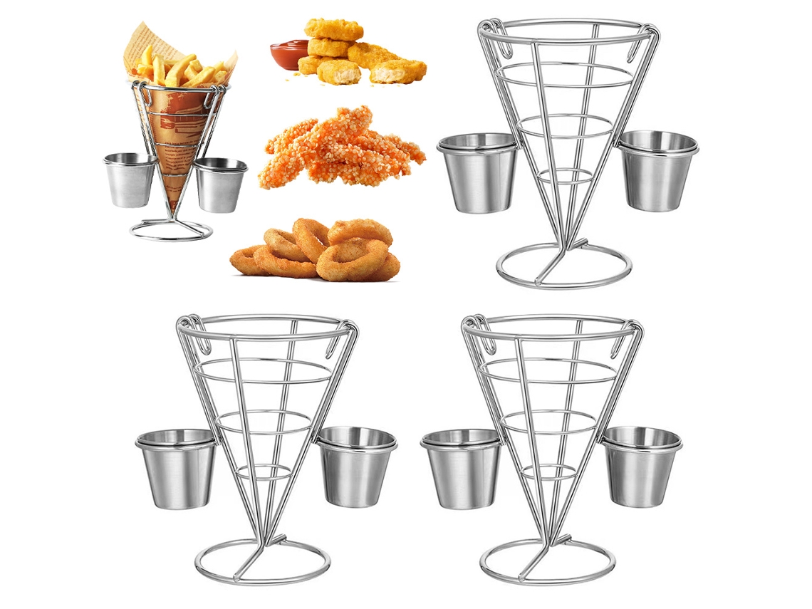 Soporte Cónico De Acero Inoxidable Para Papas Fritas Con Recipiente Para Salsa, Ideal Para Papas Fritas, Helados, Buffets Y Fiestas.