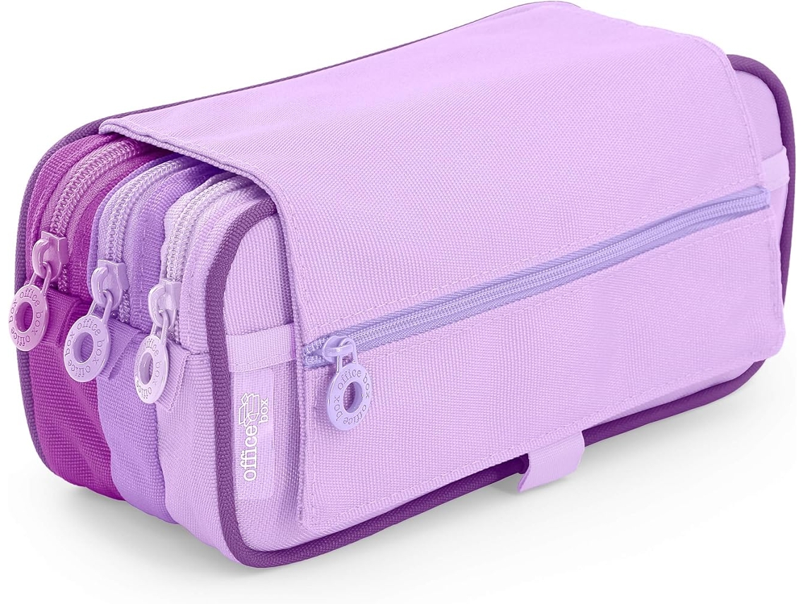 Estuche triple lila con múltiples compartimentos Office Box