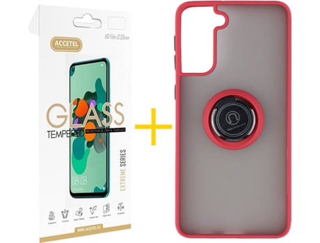 Carcasa y Protector de Pantalla de Vidrio Samsung S21 Plus ACCETEL Gel Bumper Ring Rojo