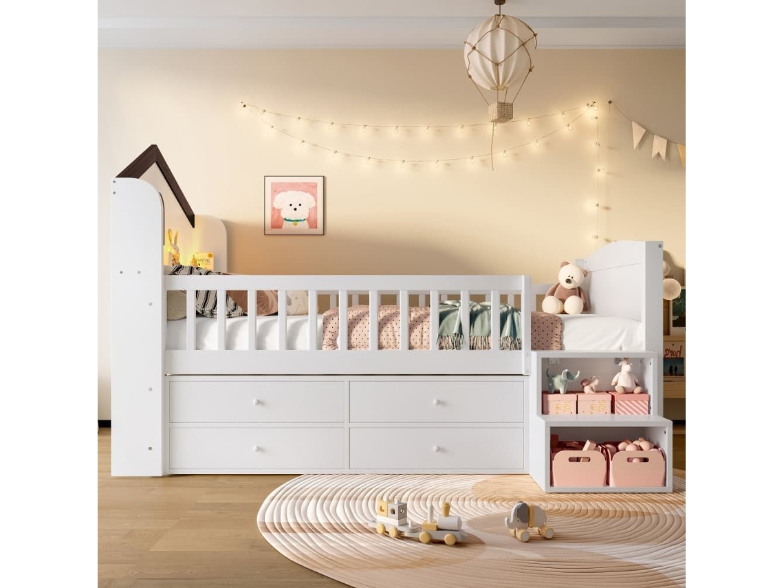 Cama Semi Alta 90x200 Cm - Forma De Casa, Ventana, 4 Cajones, Barra Led, Escalera De Almacenamiento - Blanco