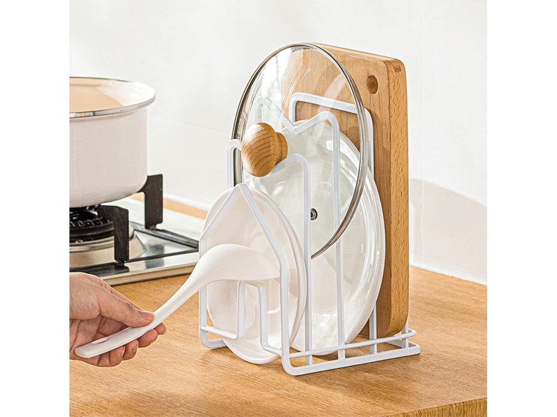 Construcción de acero inoxidable, diseño compacto, base antideslizante, moderno estante redondo para utensilios de cocina.