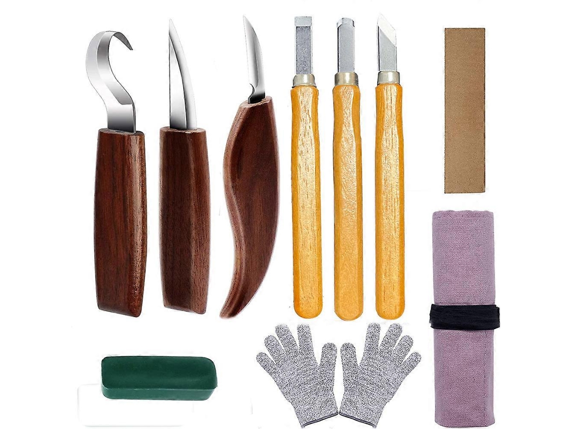 Kit De Tallado En Madera 10 En 1 - 6 Cuchillos De Acero Vanadio Cromado, Guantes Resistentes Al Corte Y Bolsa Portátil