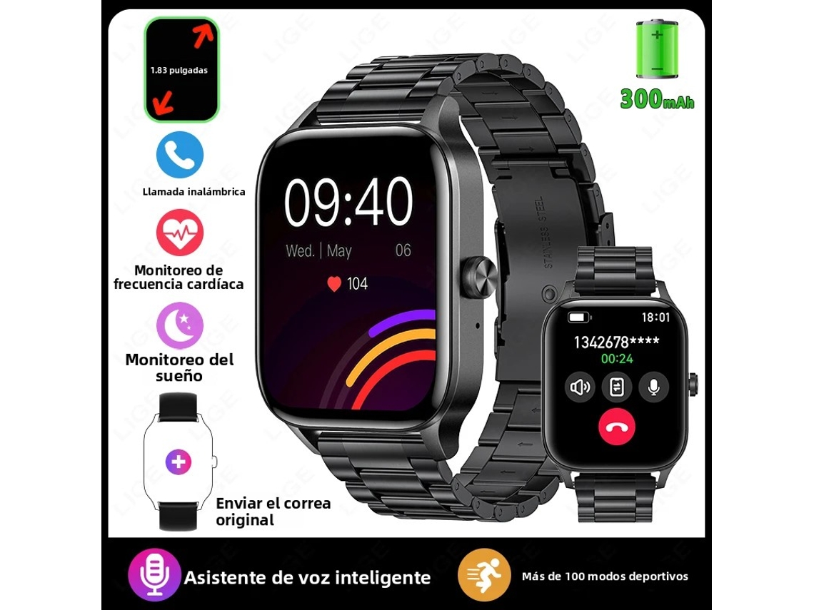 Smartwatch con pantalla HD de 1,85 pulgadas, esferas de reloj personalizables y monitorización de salud.
