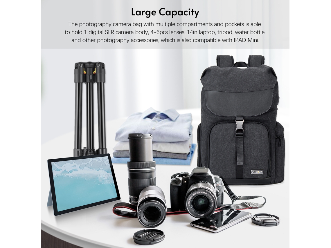 Mochila Fotográfica Cwatcun M8 Impermeable Compatible Con Canon/nikon/sony/slr, Lentes, Trípode, Portátil 14'' Y Botella De Agua