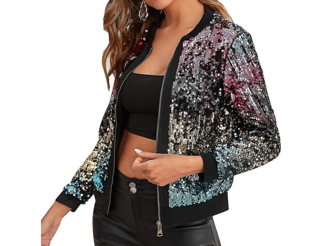 Jaqueta curta feminina de lantejoulas com gola estilo beisebol, botões e bolsos funcionais, tamanho XL, roxa, modelo 2026, ideal para baladas.