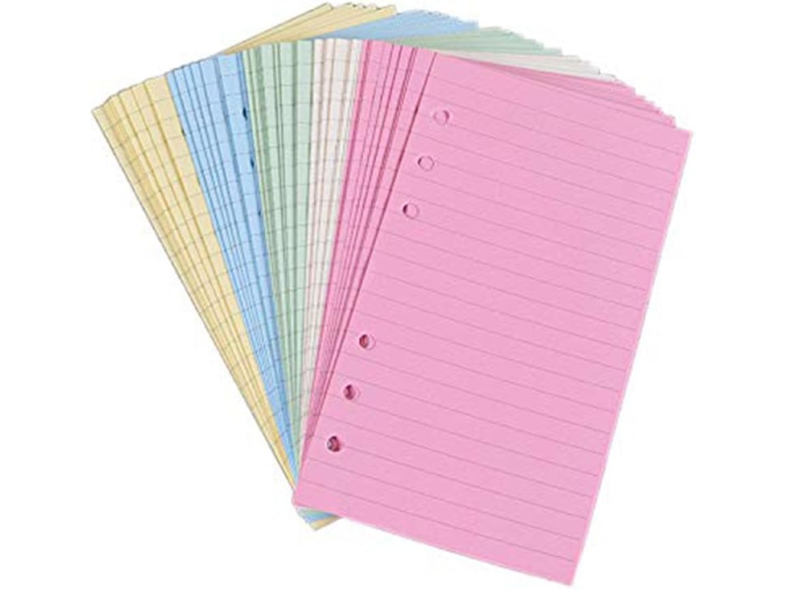 Juego de 3 hojas de papel A6 de color, rayadas y perforadas para rellenar cuadernos o agendas.