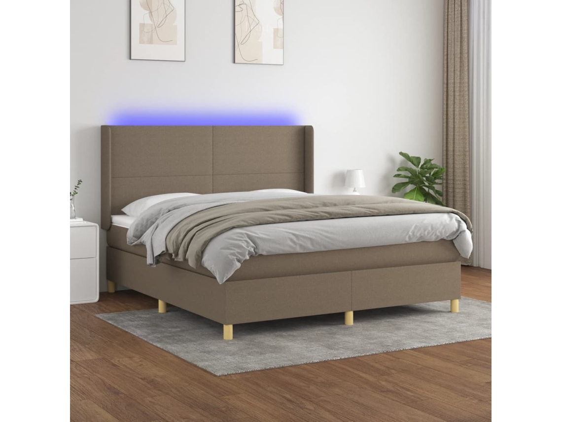 Cama Box Spring Colchón Y Luces Led Tela Gris Taupe 180x200 Cm