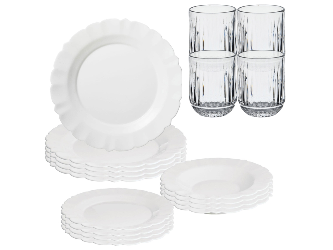 Vajilla blanca de 12 piezas, 4 vasos de cristal transparente (300 ml) de San Ignacio