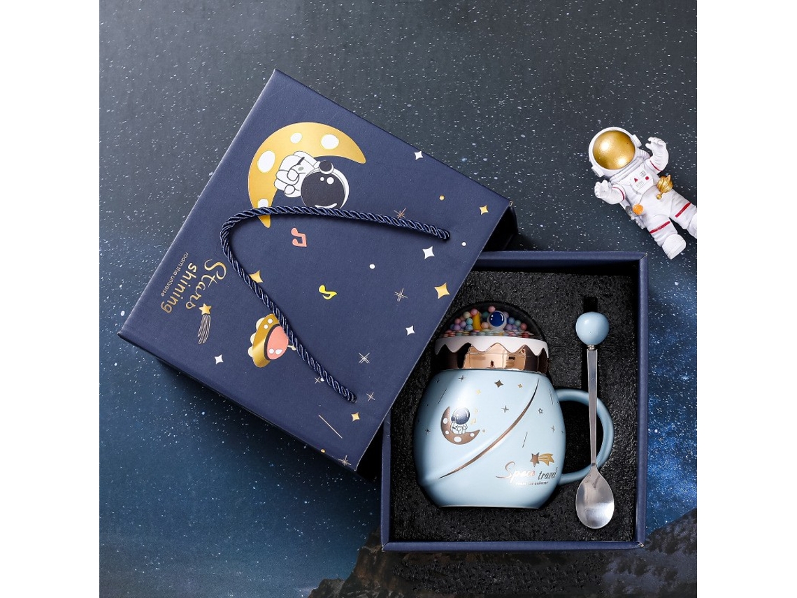 Taza De Cerámica (azul Claro) Con Tapa Y Cuchara, Serie Astronauta, Regalo Creativo Para Empresas