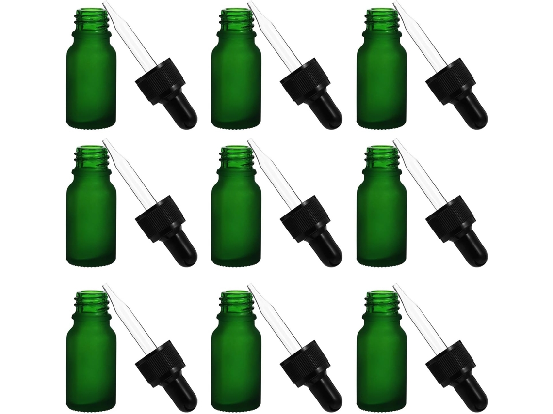 Juego De 10 Frascos Para Aceites Esenciales, 10 Ml, Vidrio Verde Mate, Gotero, Dispensador.