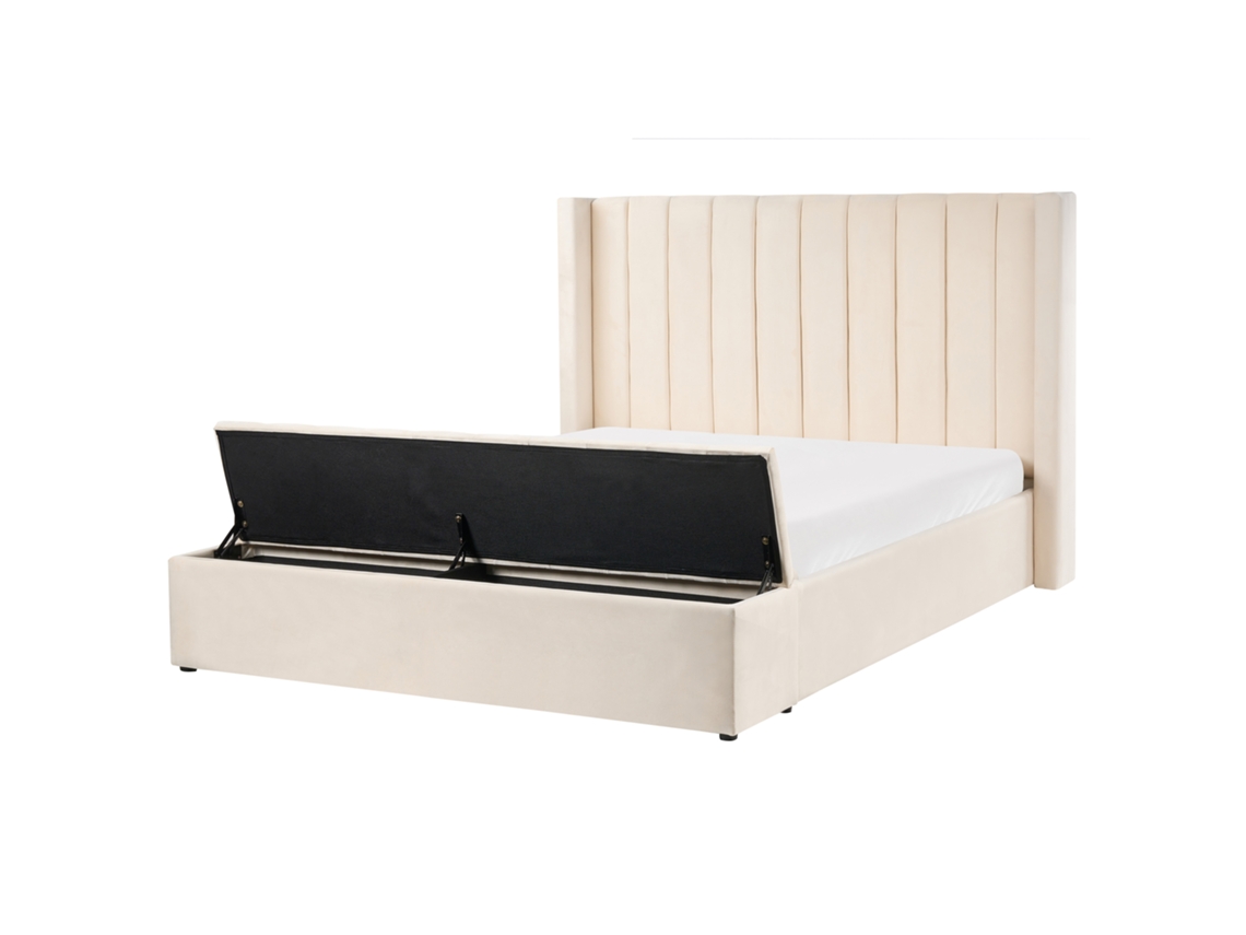 Cama De Água Com Banco De Arrumação Beliani Noyers De Veludo Branco 160x200